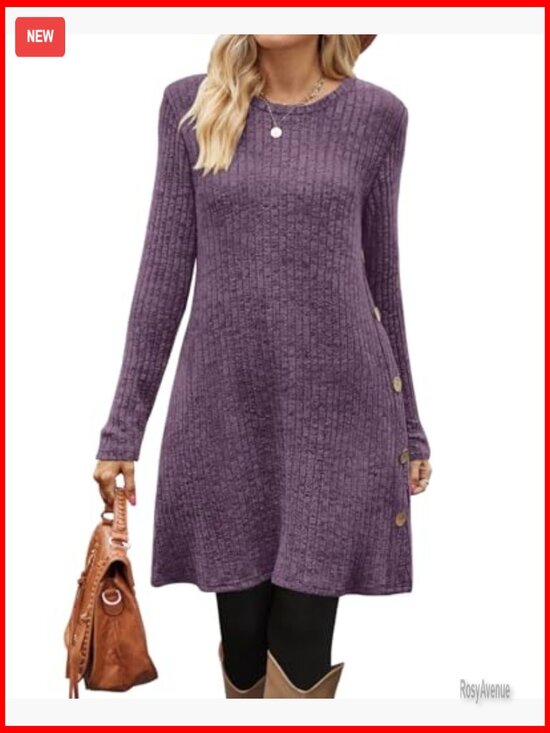 Long Sleeve Tunic Dress with Pockets, A-Line Silhouette, Button Details - Picture 3 of 5